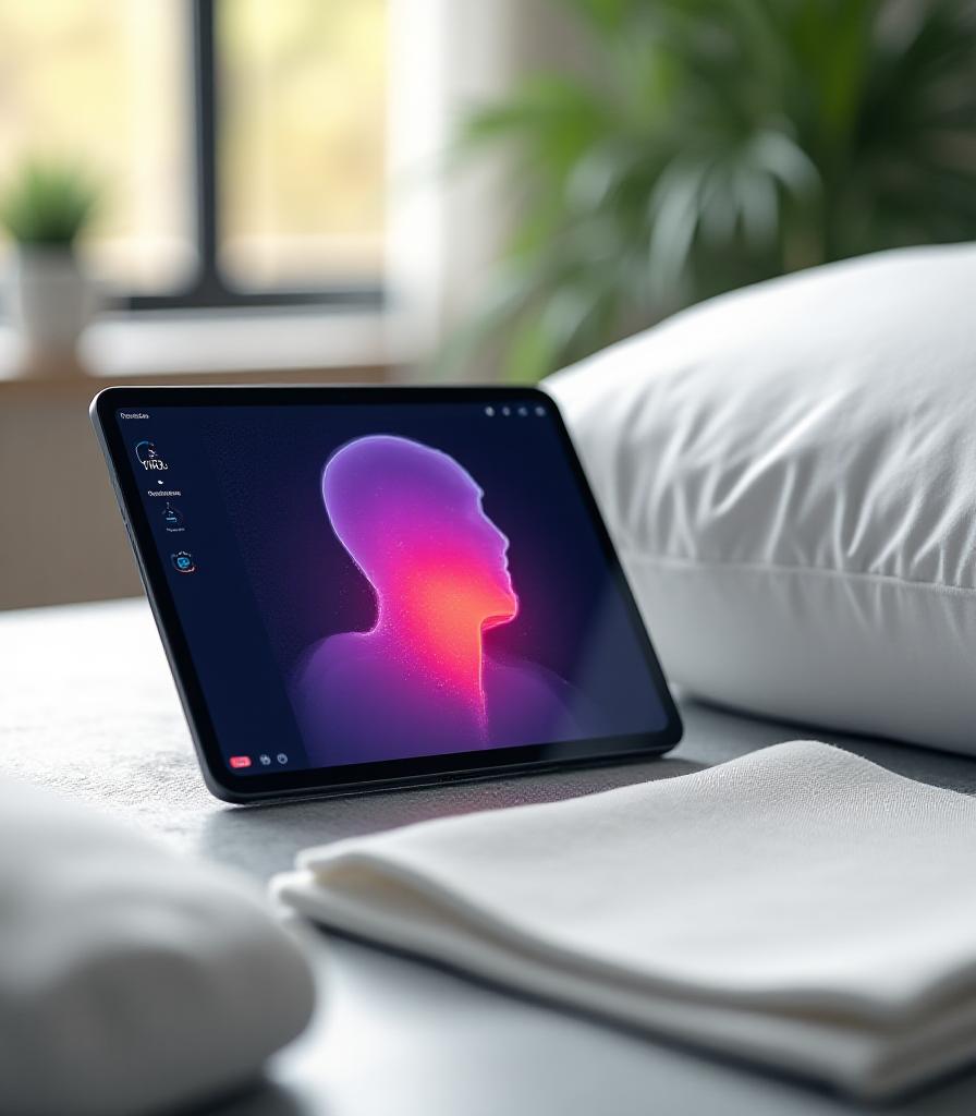 Close-up of a high-tech customized pillow design process on a tablet next to premium fabric samples