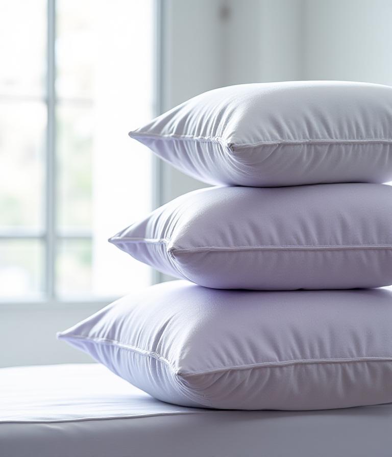 Premium ergonomic pillows stacked in a bright modern bedroom